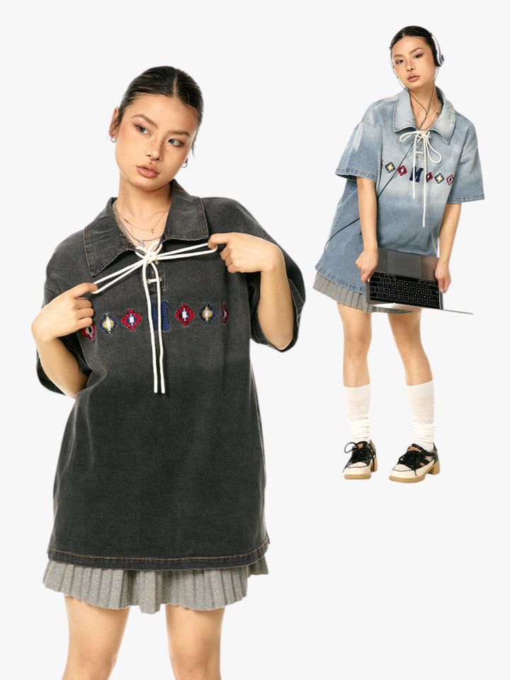 GKIKZ TIE-UP COLLAR WASHED HEAVY COTTON TEES