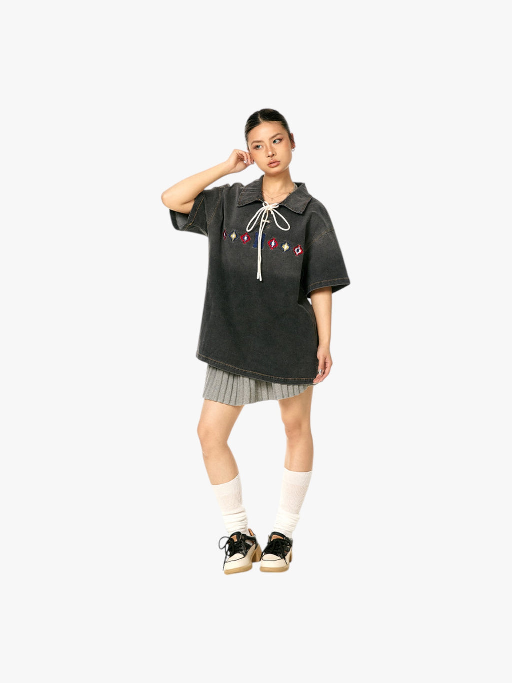 GKIKZ TIE-UP COLLAR WASHED HEAVY COTTON TEES
