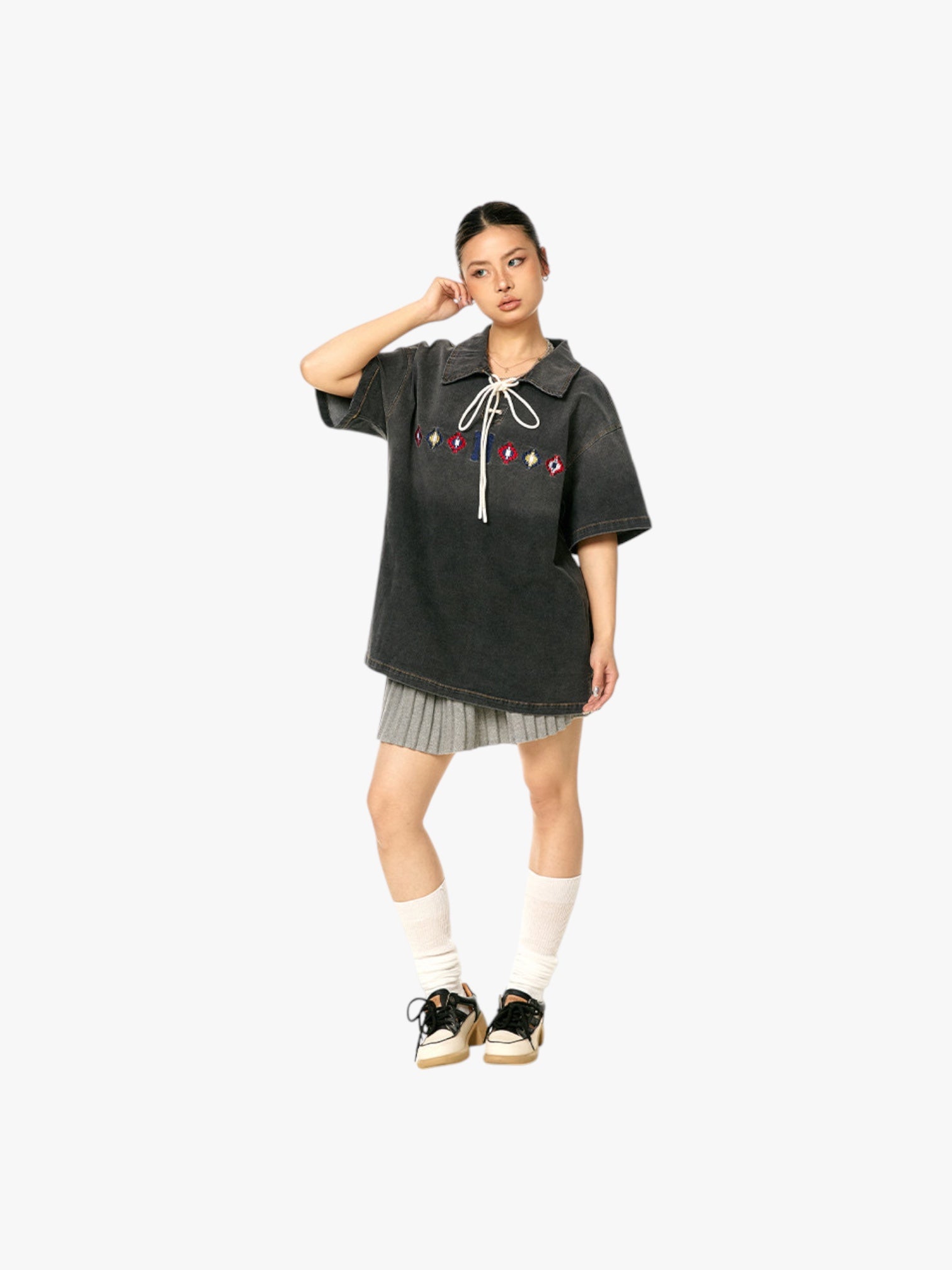 GKIKZ TIE-UP COLLAR WASHED HEAVY COTTON TEES