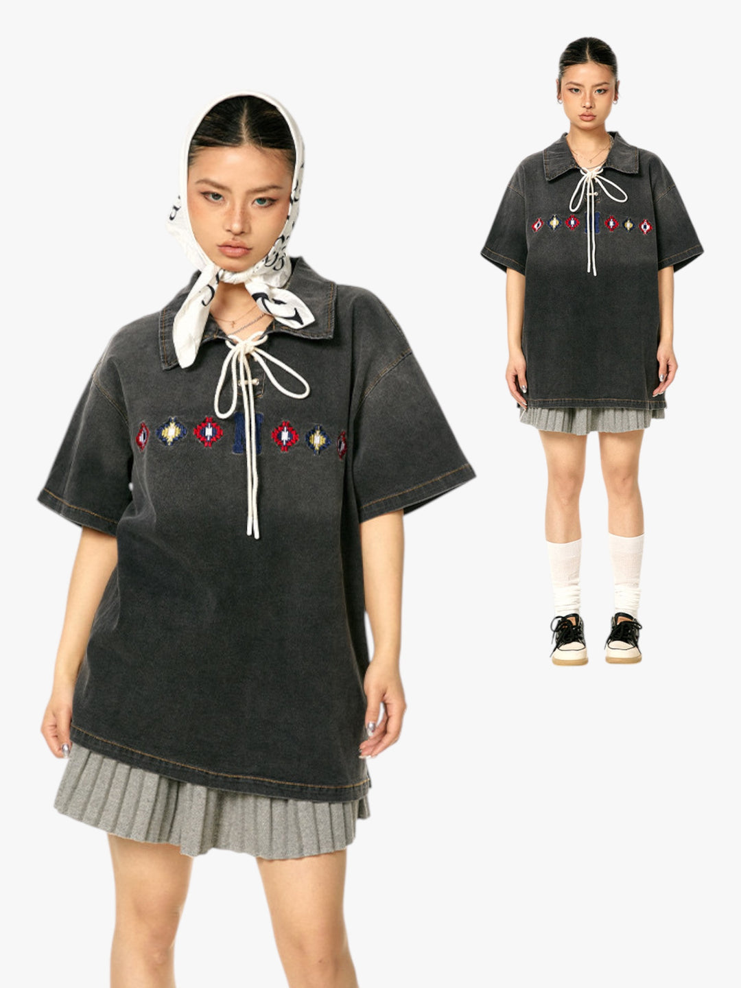 GKIKZ TIE-UP COLLAR WASHED HEAVY COTTON TEES