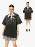 GKIKZ TIE-UP COLLAR WASHED HEAVY COTTON TEES