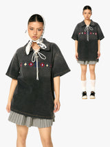 GKIKZ TIE-UP COLLAR WASHED HEAVY COTTON TEES