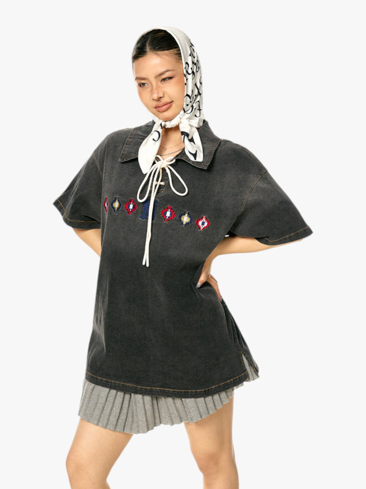 GKIKZ TIE-UP COLLAR WASHED HEAVY COTTON TEES