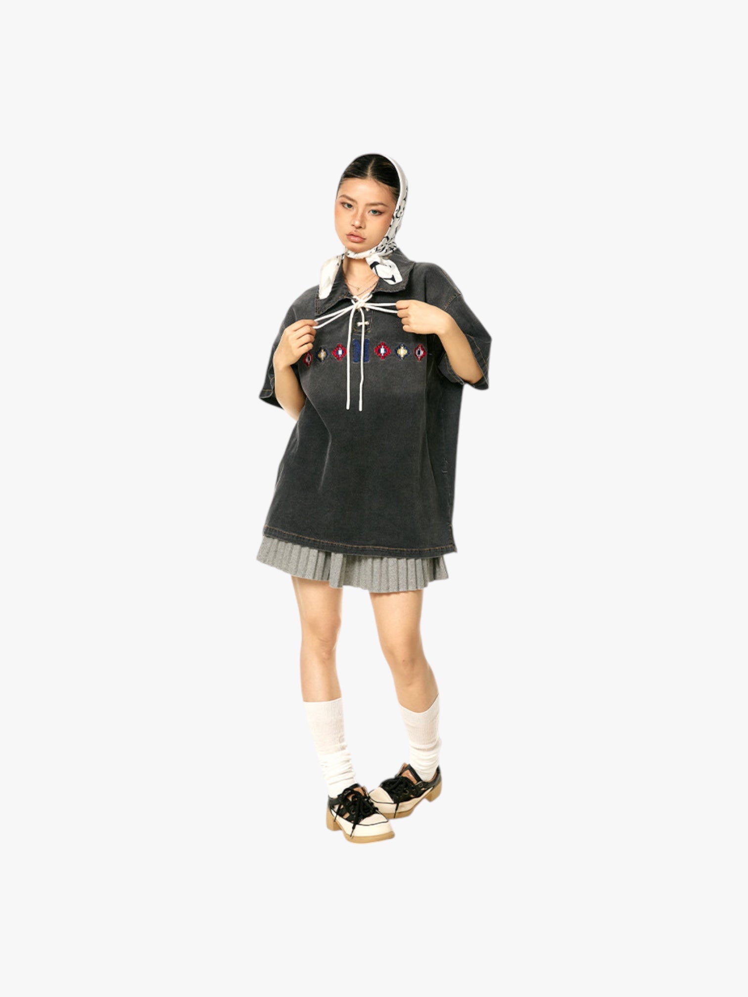 GKIKZ TIE-UP COLLAR WASHED HEAVY COTTON TEES