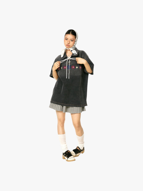 GKIKZ TIE-UP COLLAR WASHED HEAVY COTTON TEES