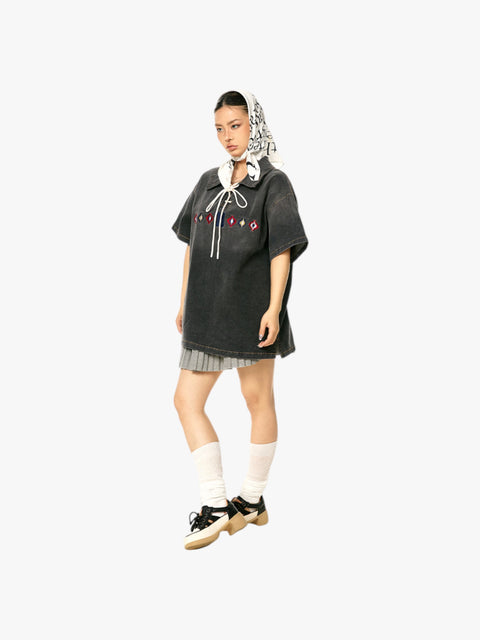 GKIKZ TIE-UP COLLAR WASHED HEAVY COTTON TEES