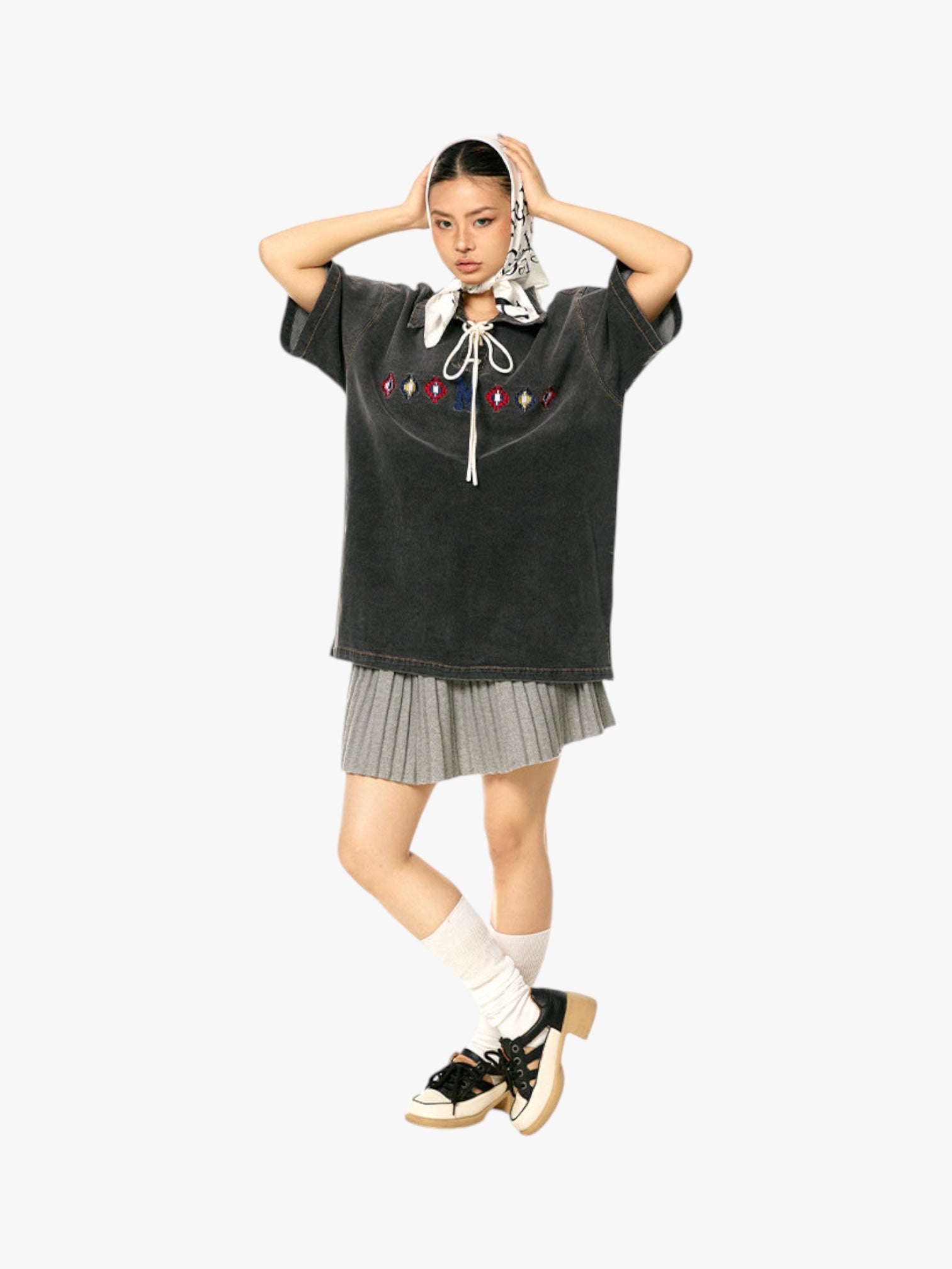GKIKZ TIE-UP COLLAR WASHED HEAVY COTTON TEES