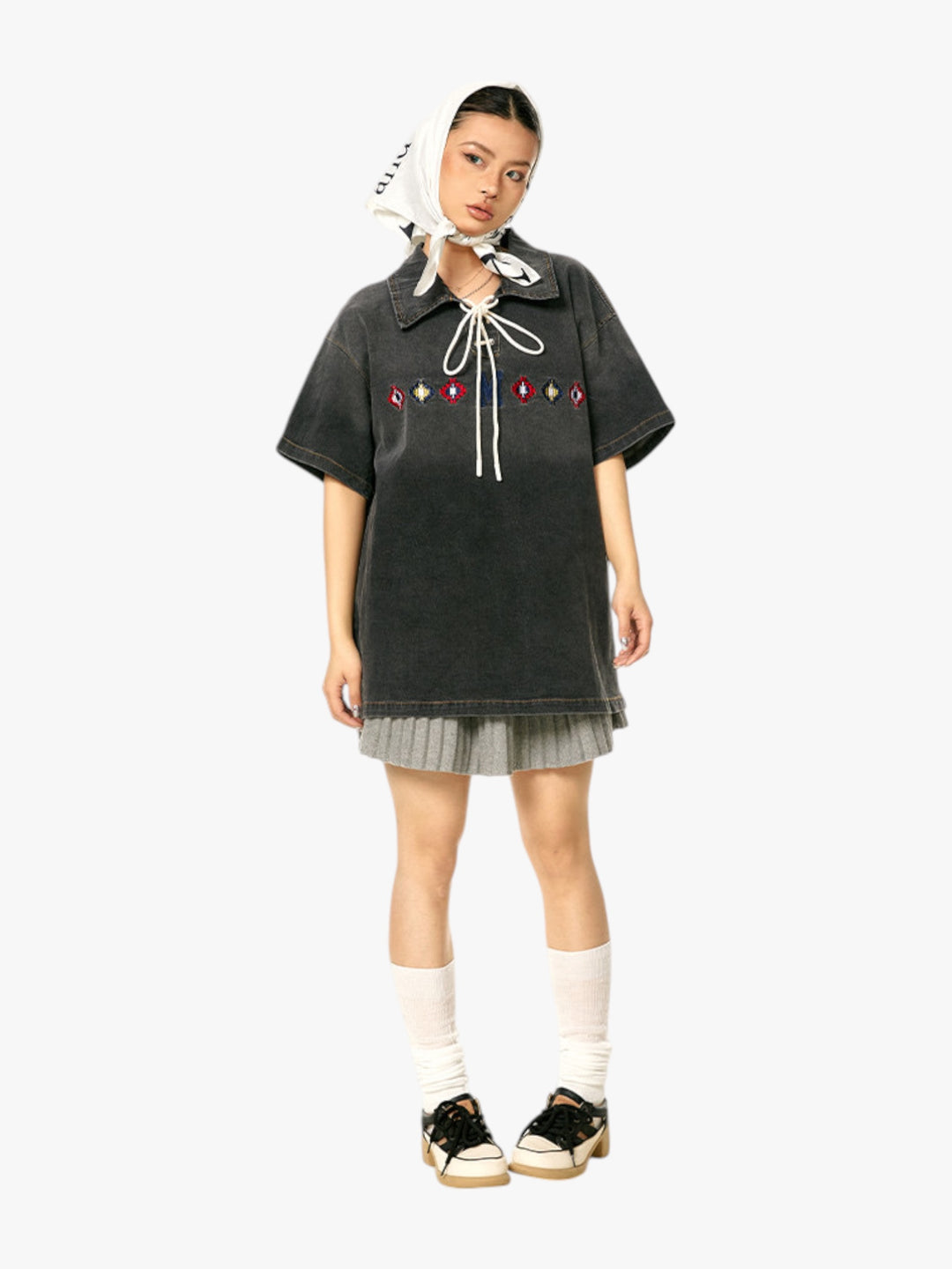 GKIKZ TIE-UP COLLAR WASHED HEAVY COTTON TEES