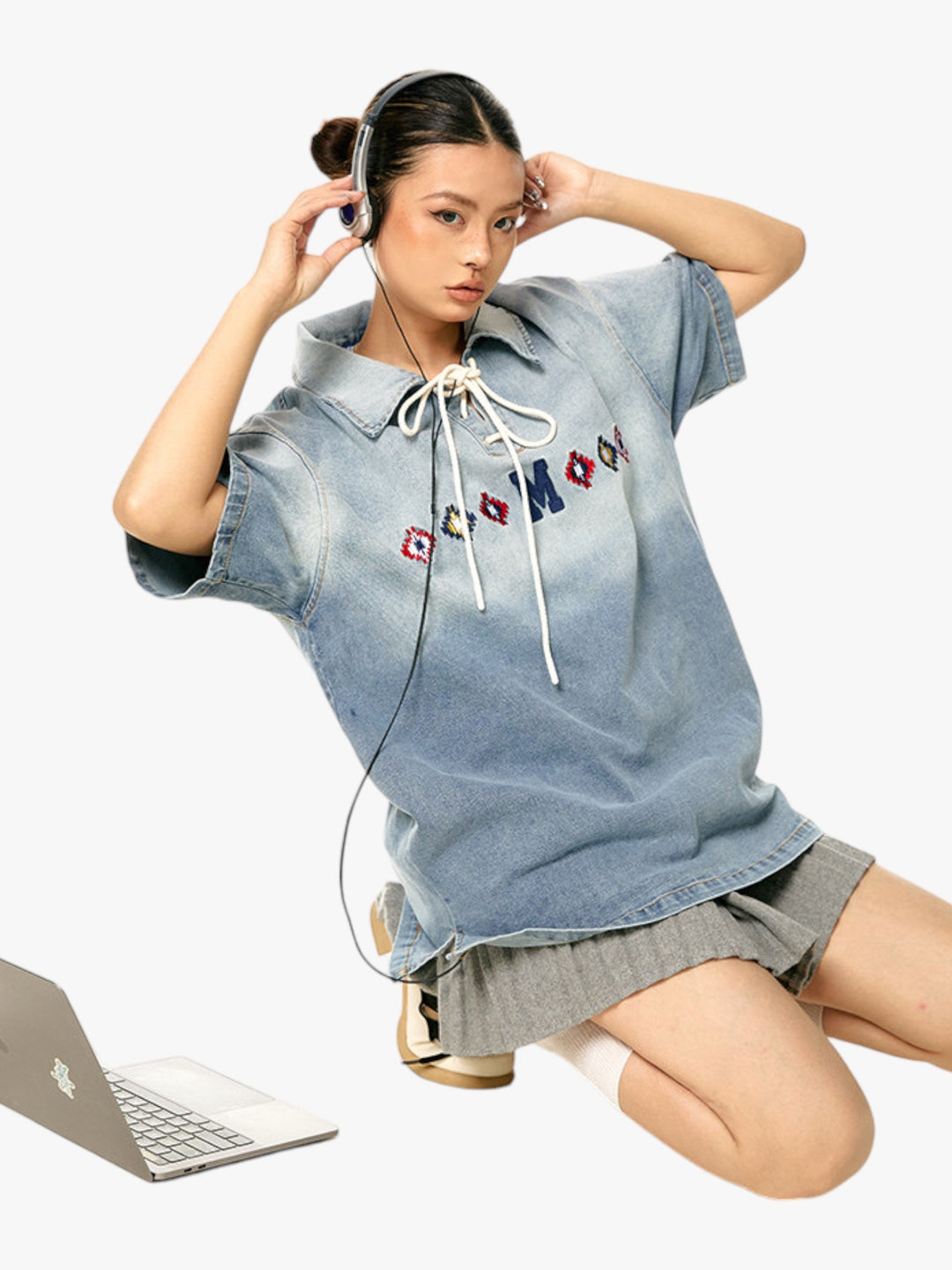 GKIKZ TIE-UP COLLAR WASHED HEAVY COTTON TEES