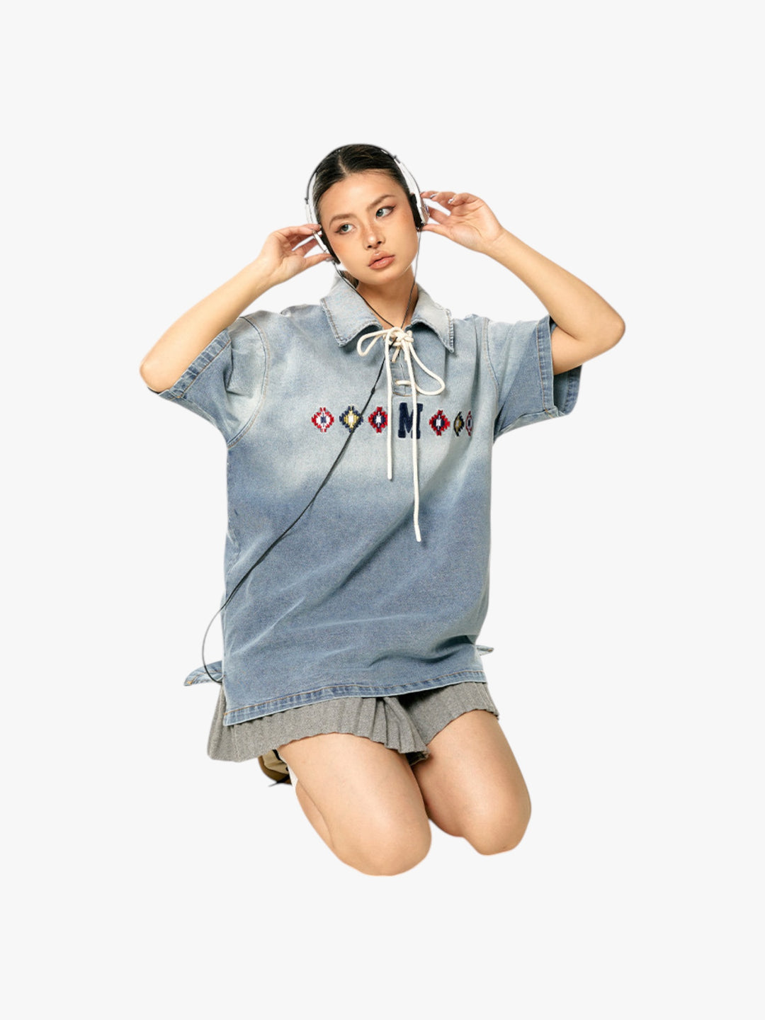 GKIKZ TIE-UP COLLAR WASHED HEAVY COTTON TEES