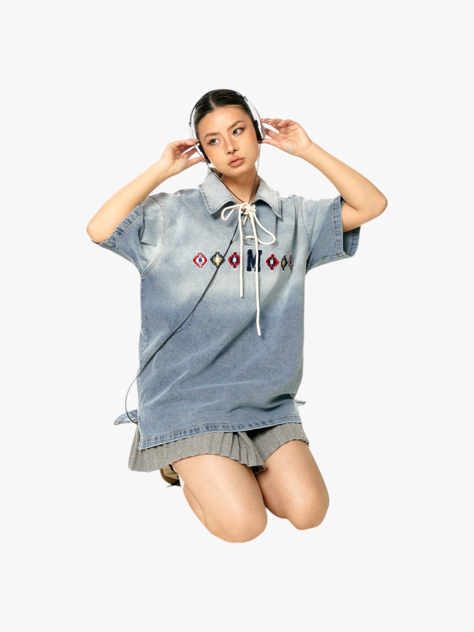 GKIKZ TIE-UP COLLAR WASHED HEAVY COTTON TEES