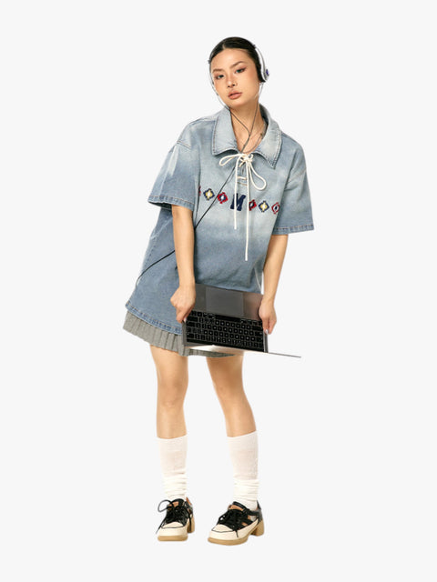 GKIKZ TIE-UP COLLAR WASHED HEAVY COTTON TEES