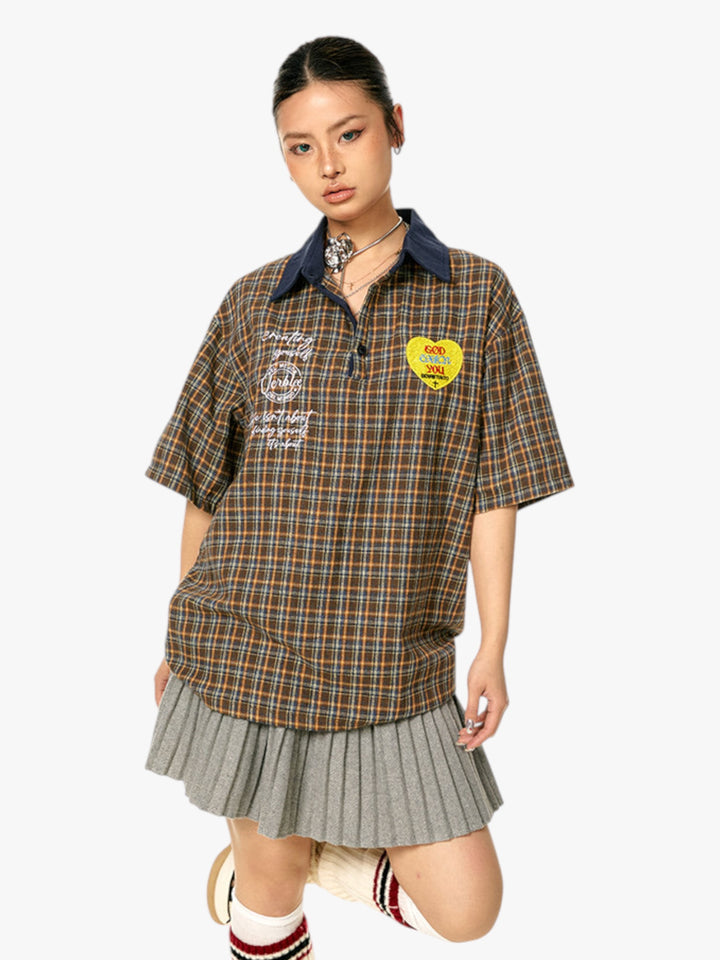 GKIKZ VINTAGE PLAID PATCH POLO TEES