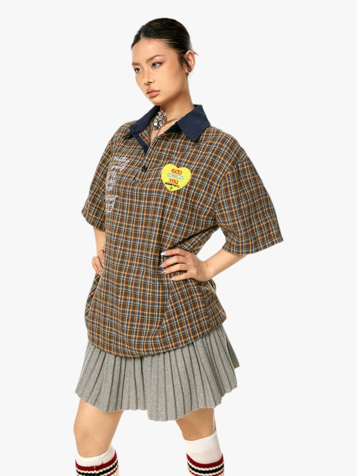 GKIKZ VINTAGE PLAID PATCH POLO TEES