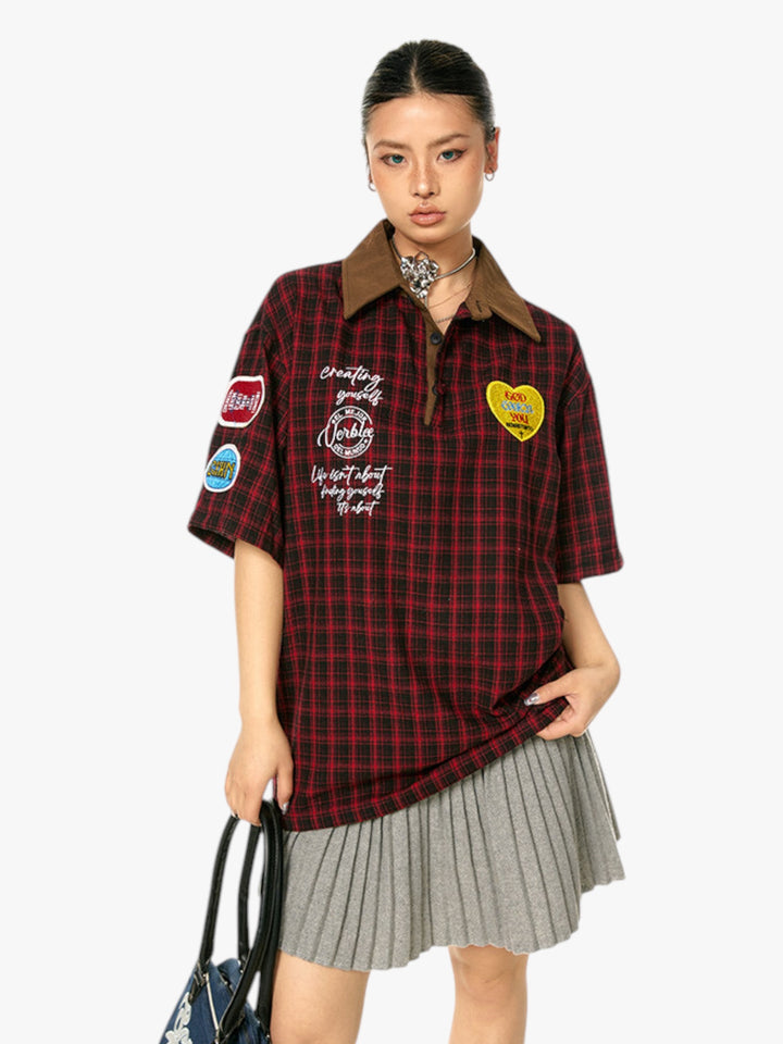 GKIKZ VINTAGE PLAID PATCH POLO TEES