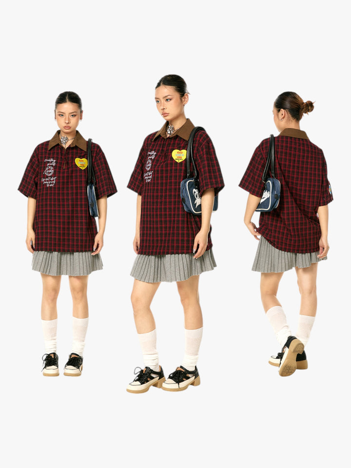 GKIKZ VINTAGE PLAID PATCH POLO TEES