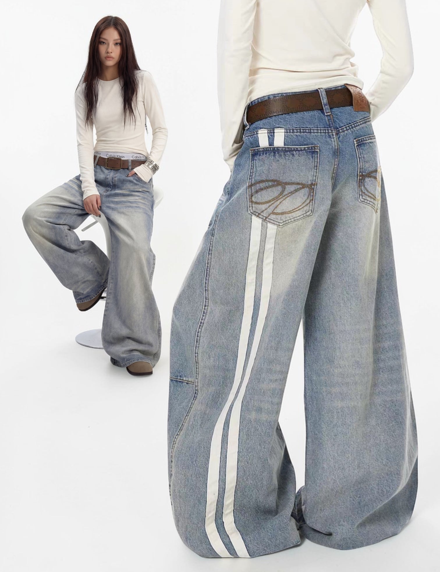 GKIKZ WASHED BLUE WIDE-LEG DENIM WITH SIDE STRIPES