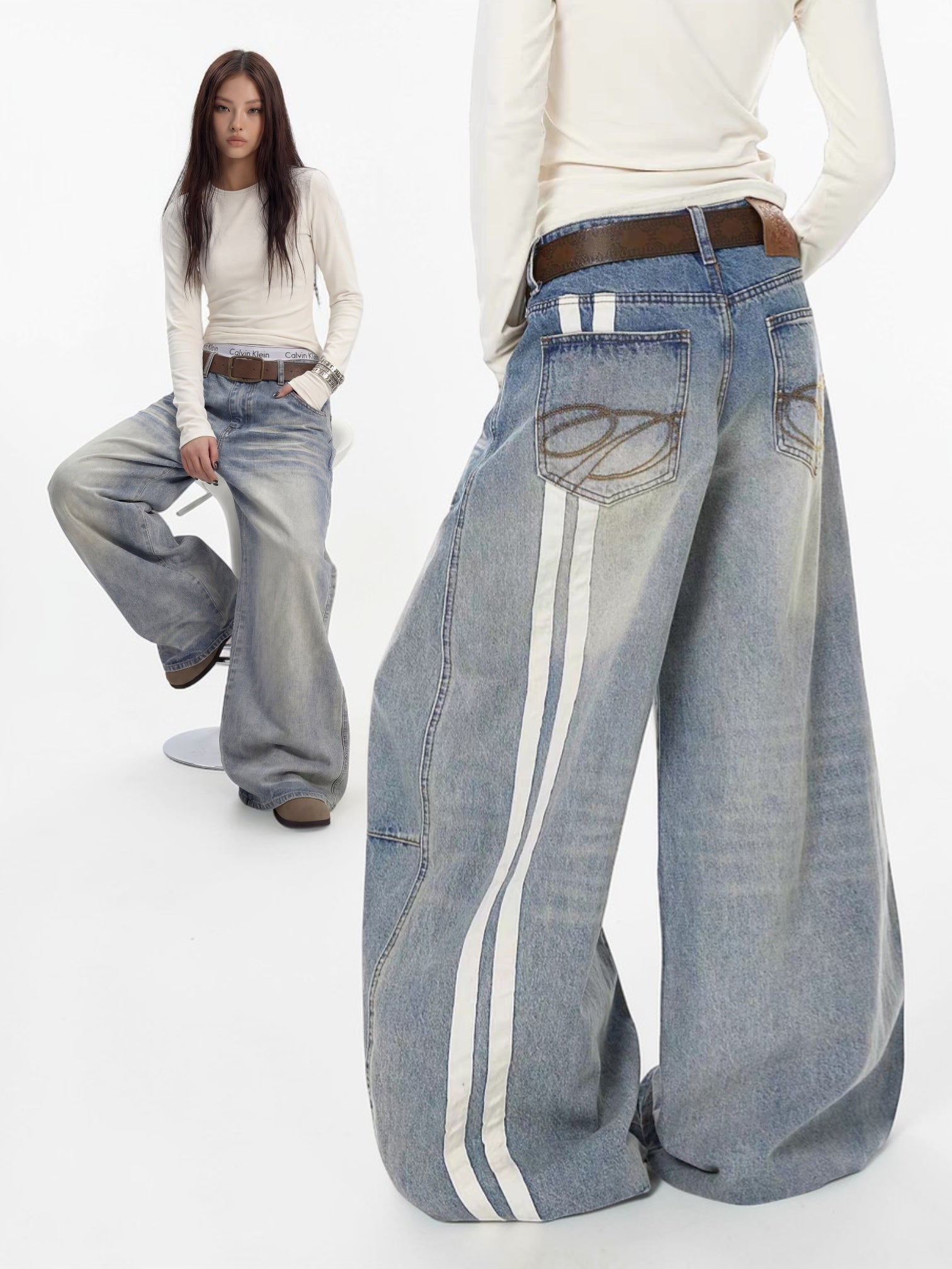 Washed blue wide-leg denim jeans with side stripes — women's streetwear