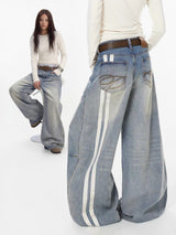 Washed Blue Wide-Leg Denim with Side Stripes