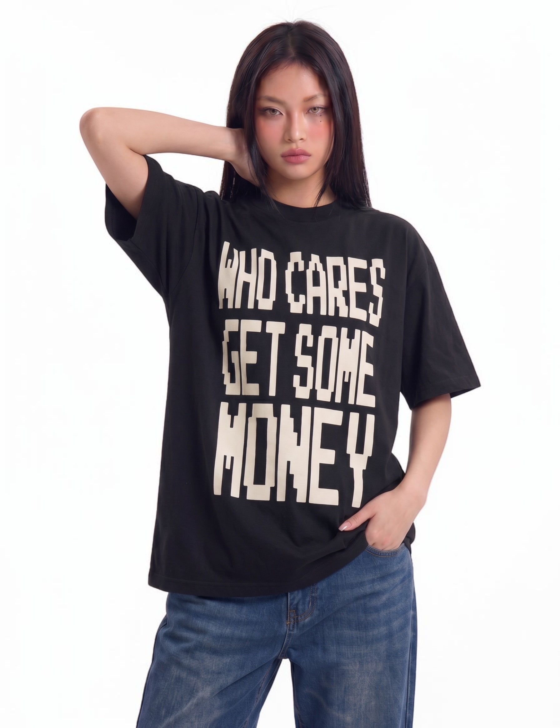 Who Cares Get Some Money graphic cotton tee — streetwear