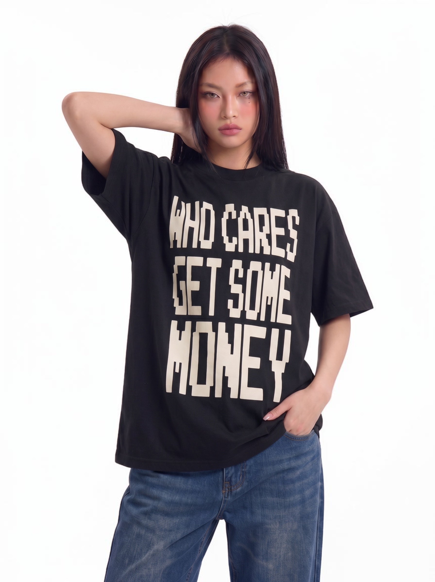 Who Cares Get Some Money graphic cotton tee — streetwear