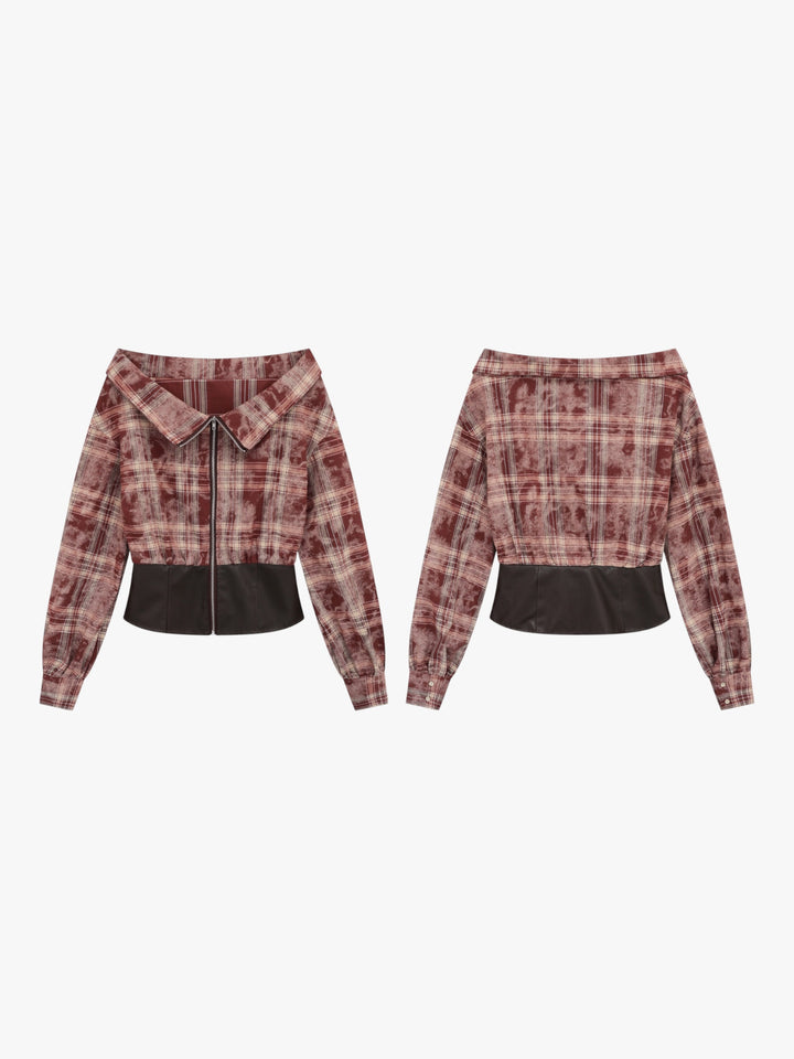 GKIKZ EDGY OFF-SHOULDER PLAID JACKET