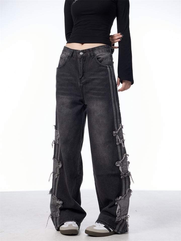 GKIKZ TRI-STAR DISTRESSED WIDE-LEG MOPPING JEANS