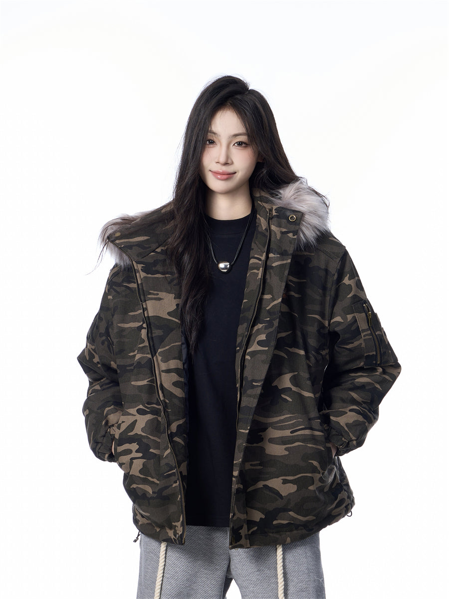 GKIKZ MOUNTAIN CARVING FUR COLLAR JACKET
