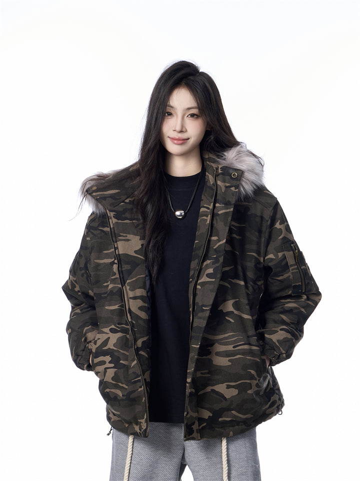 GKIKZ MOUNTAIN CARVING FUR COLLAR JACKET