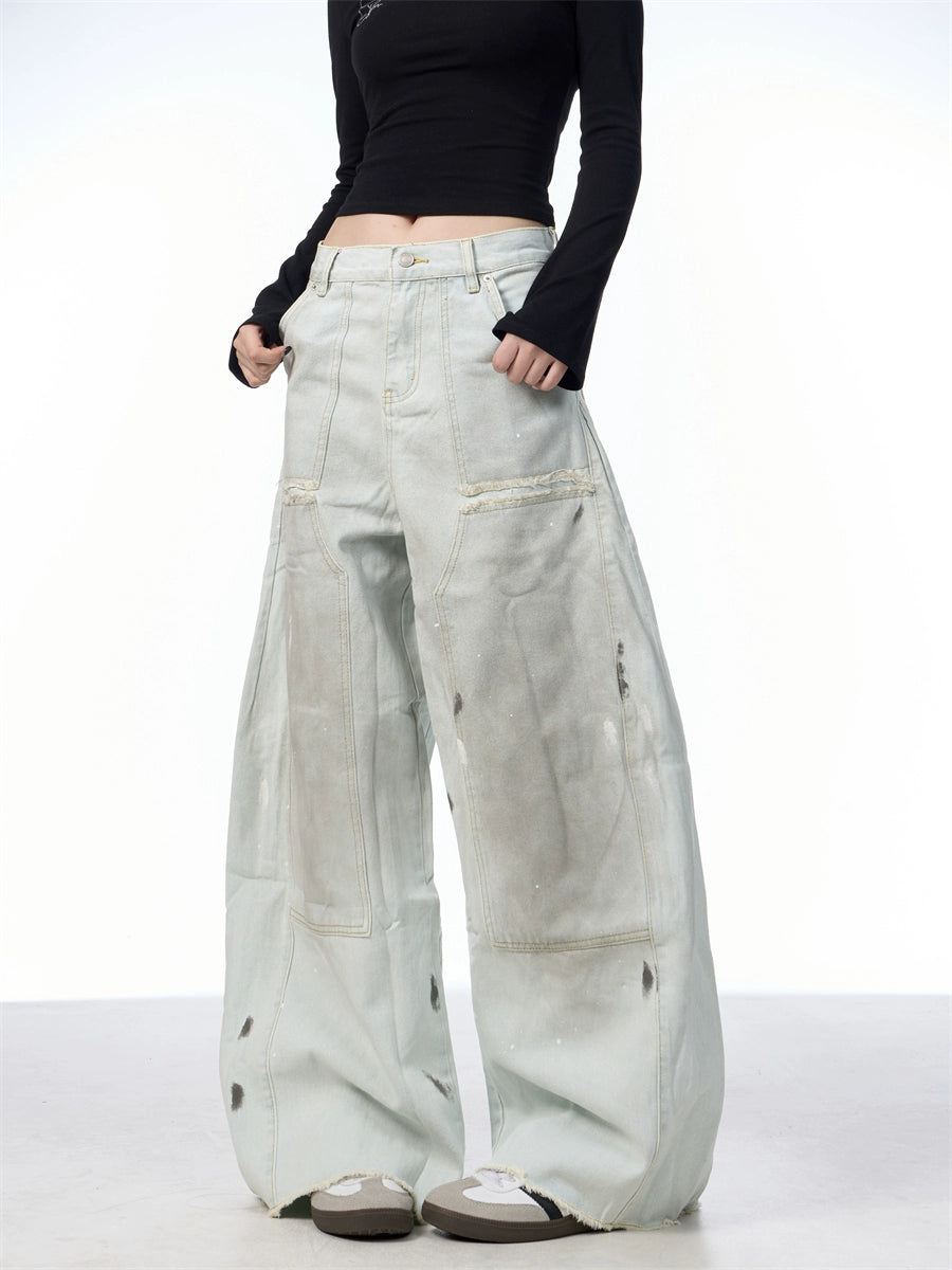 Retro Washed Distressed Machete Loose Jeans