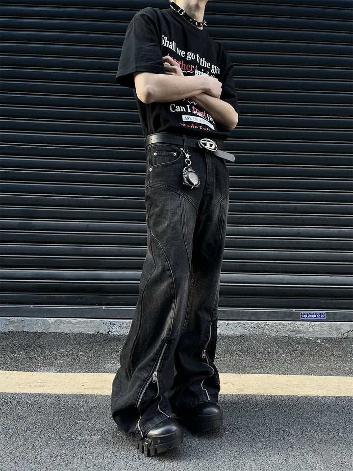 Mid-Zipper Slightly Flared Baggy Denim Jeans