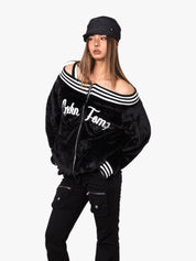 GKIKZ VELVET OFF-SHOULDER STRIPED COLLAR BOMBER JACKET