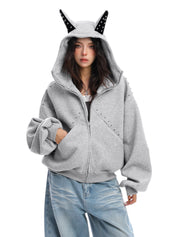[25AW NEW ARRIVAL] GKIKZ STUDDED DEVIL HORN HOODIE - PREMIUM COTTON ZIP-UP