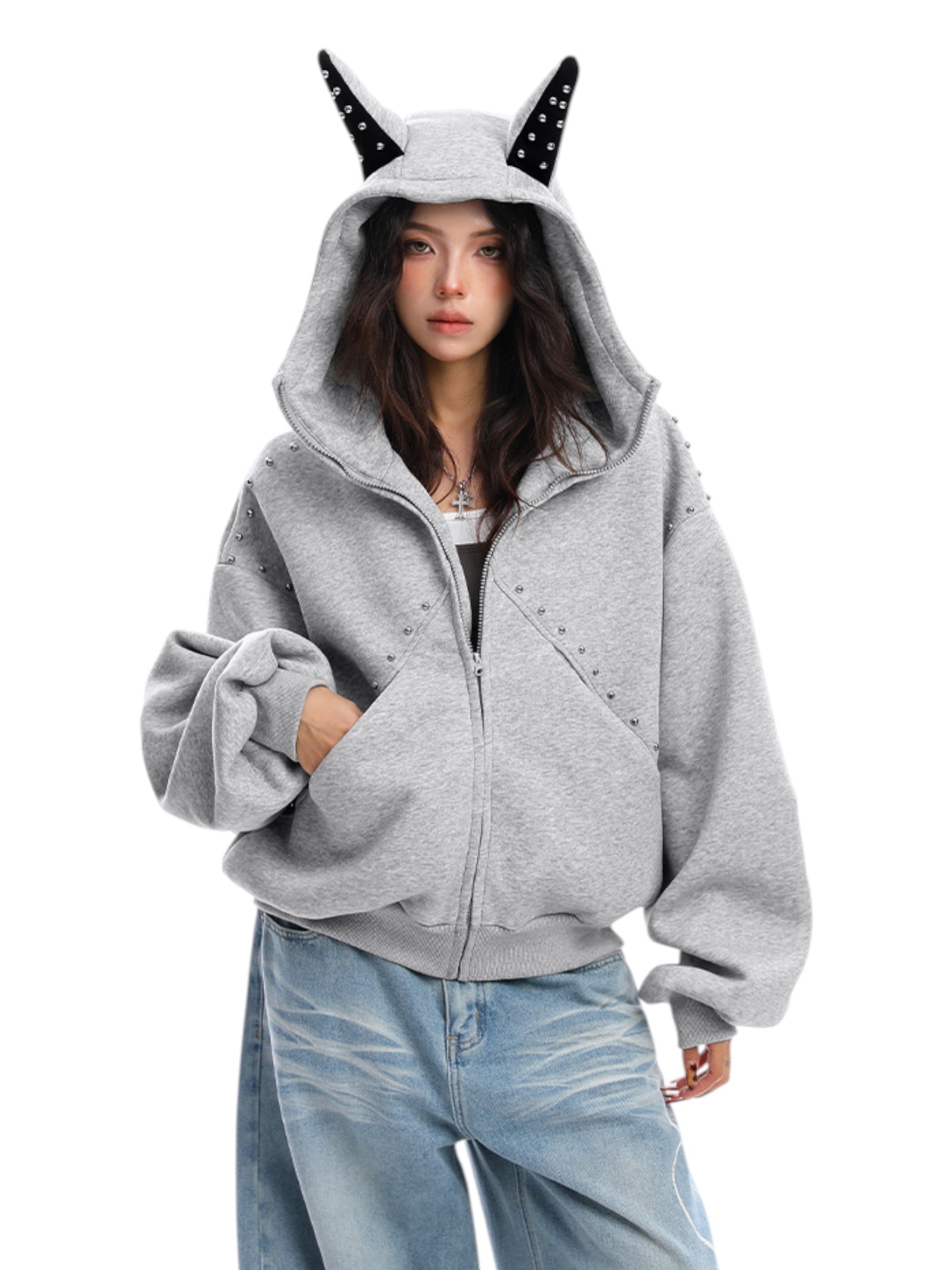 Studded Devil Horn Hoodie - Premium Cotton Zip-Up