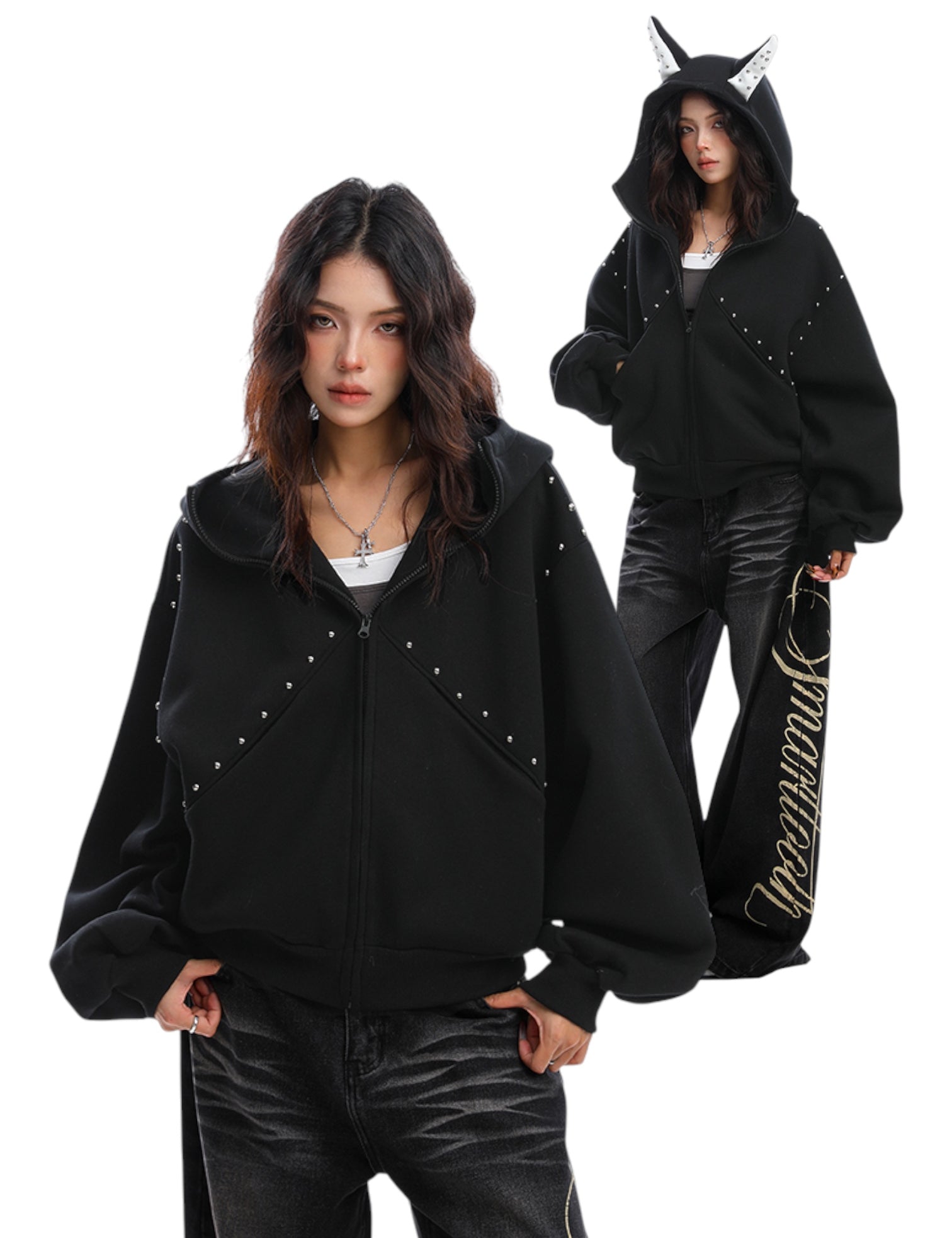 [25AW NEW ARRIVAL] GKIKZ STUDDED DEVIL HORN HOODIE - PREMIUM COTTON ZIP-UP