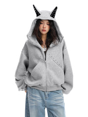 [25AW NEW ARRIVAL] GKIKZ STUDDED DEVIL HORN HOODIE - PREMIUM COTTON ZIP-UP