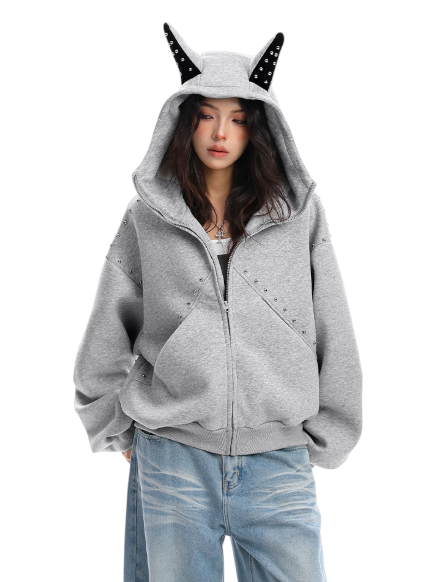 Studded Devil Horn Hoodie - Premium Cotton Zip-Up