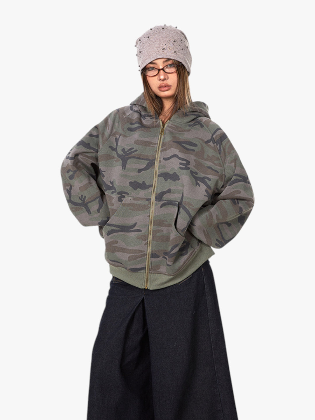 GKIKZ RETRO CAMOUFLAGE LOOSE ZIPPER CARDIGAN