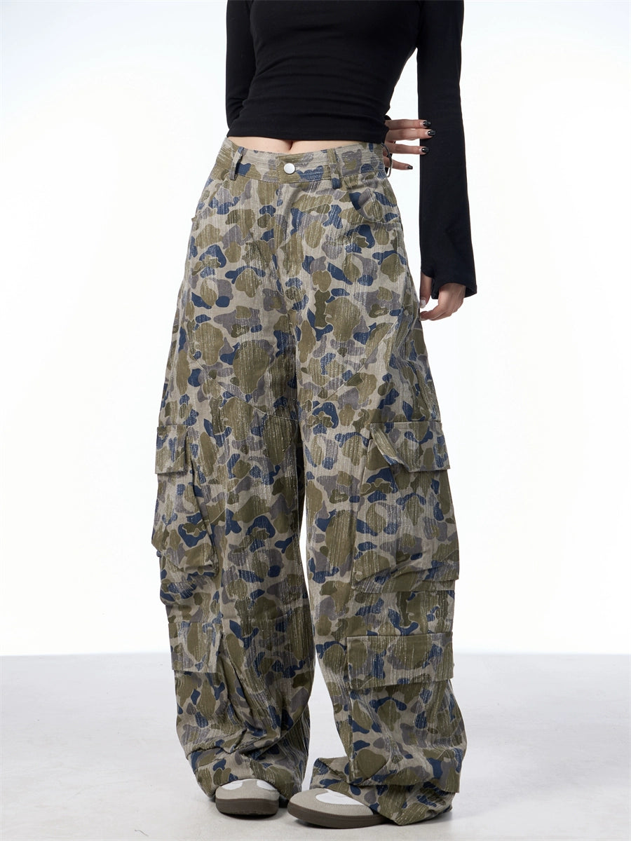 GKIKZ CAMOUFLAGE LARGE POCKET CARGO WIDE-LEG PANTS