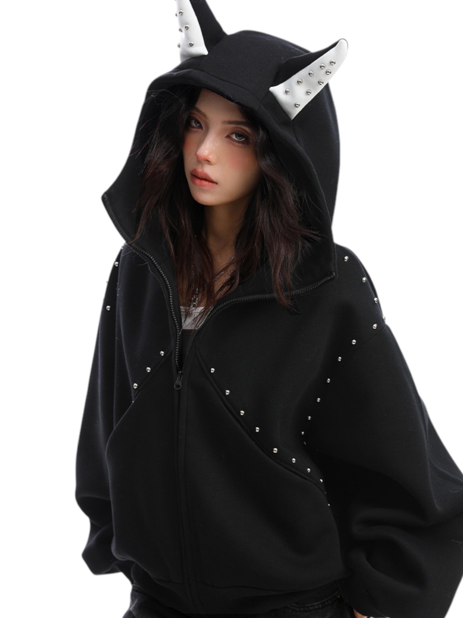 Studded Devil Horn Hoodie - Premium Cotton Zip-Up