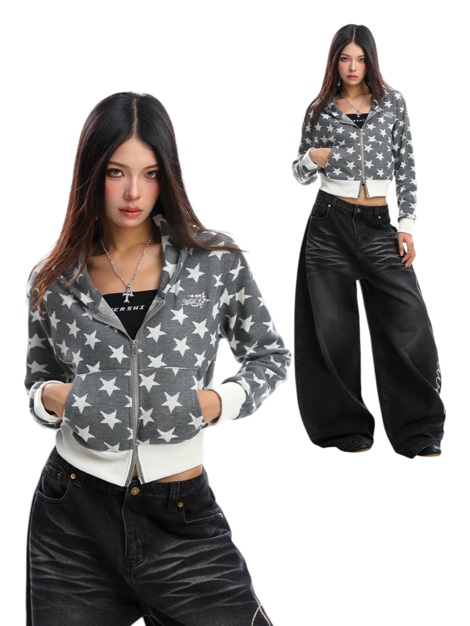 Star Print Cropped Hoodie Zip-Up