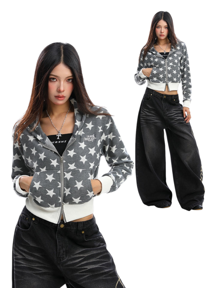 GKIKZ STAR PRINT CROPPED HOODIE ZIP-UP