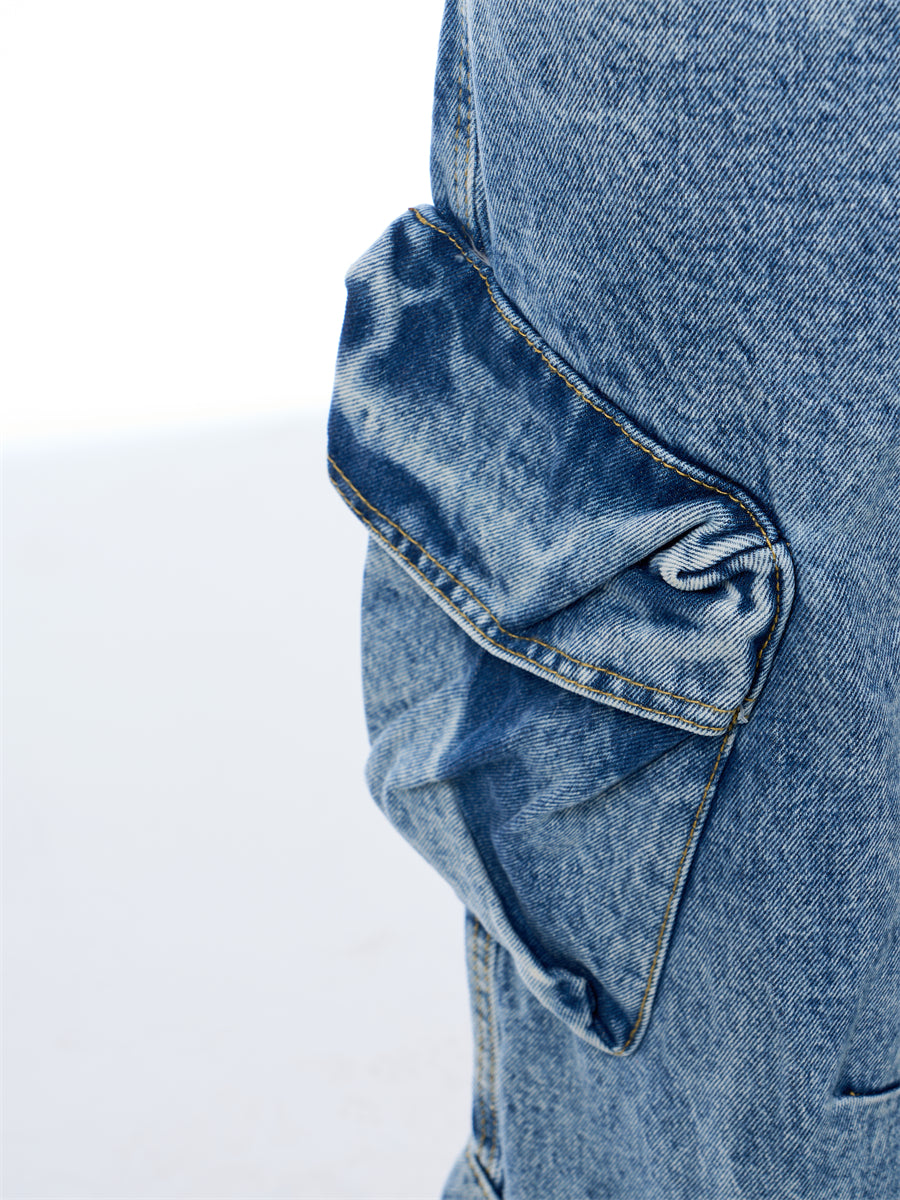 Multi-Pocket Heavy Denim Wide-Leg Pants