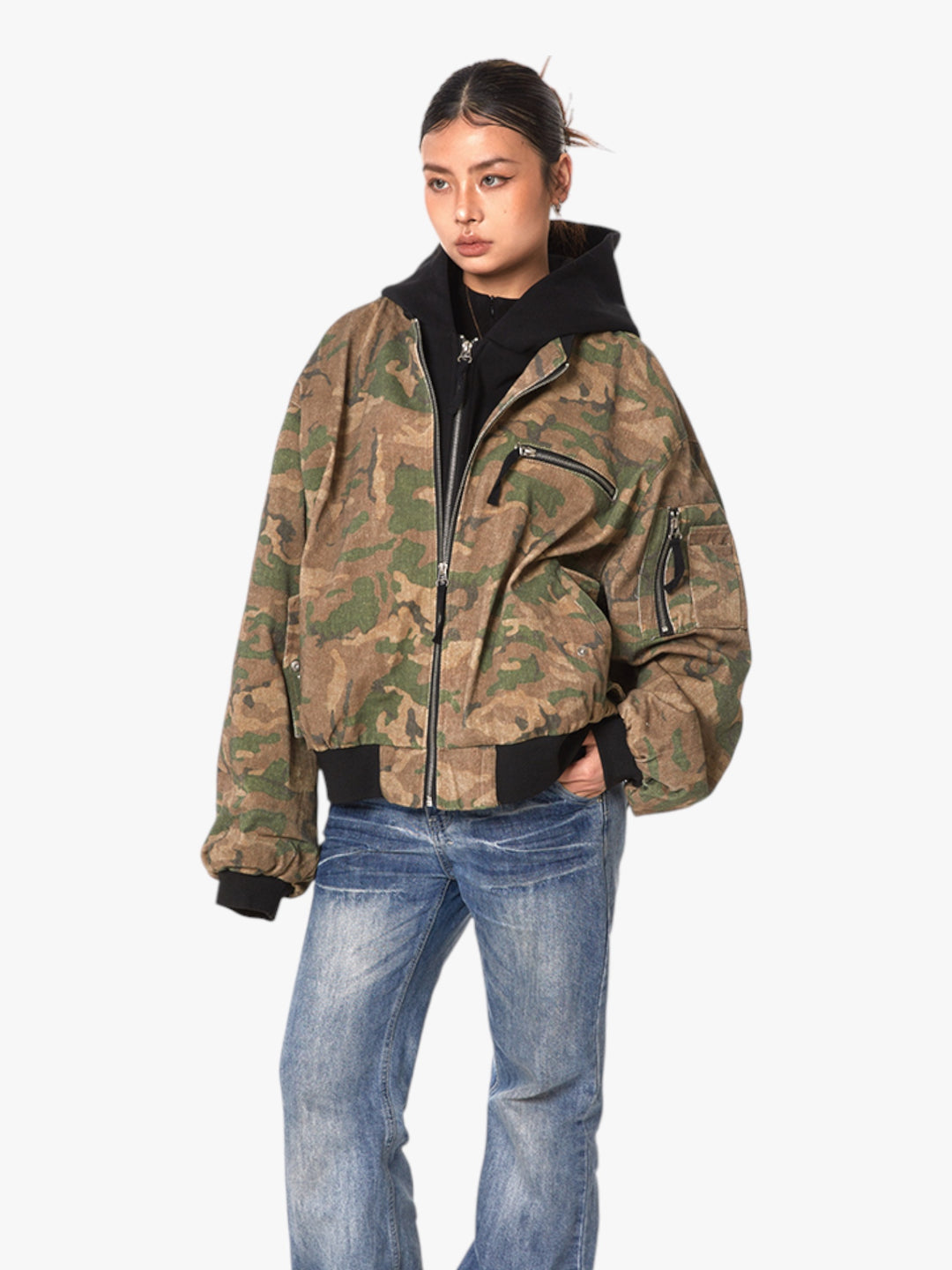 GKIKZ FAKE INNER-HOODIE CAMOUFLAGE LOOSE JACKET