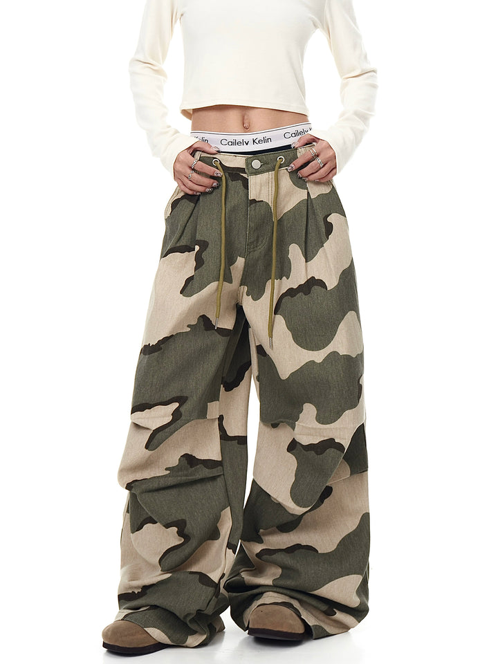 GKIKZ URBAN DRAWSTRING PLEATED CAMO WAVE WIDE-LEG PANTS