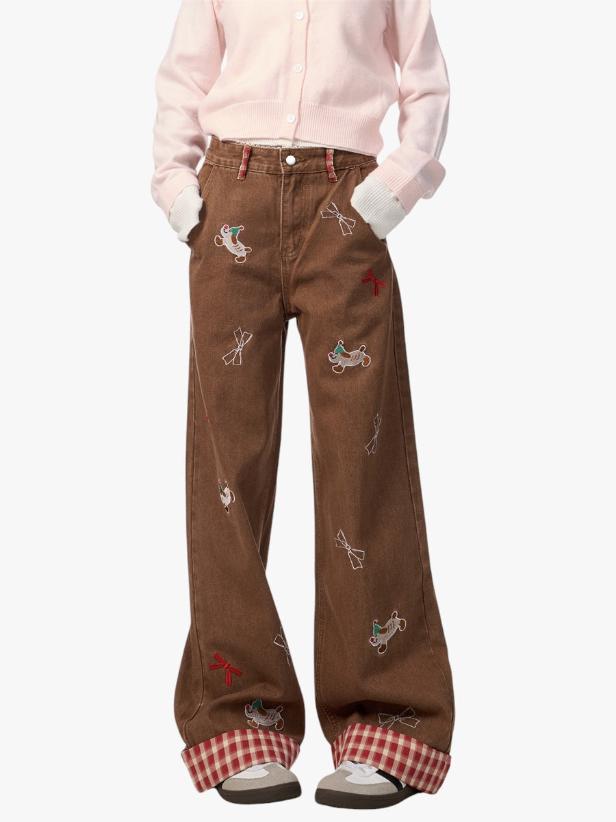 GKIKZ PLAYFUL DACHSHUND BOW WIDE-LEG HIGH WAIST JEANS