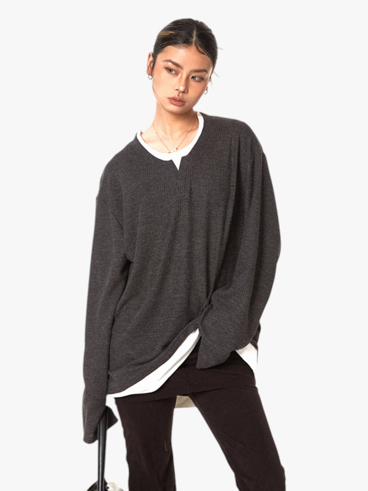 GKIKZ TEXTURE FAKE TWO-PIECE OVERSIZED KNIT TEES