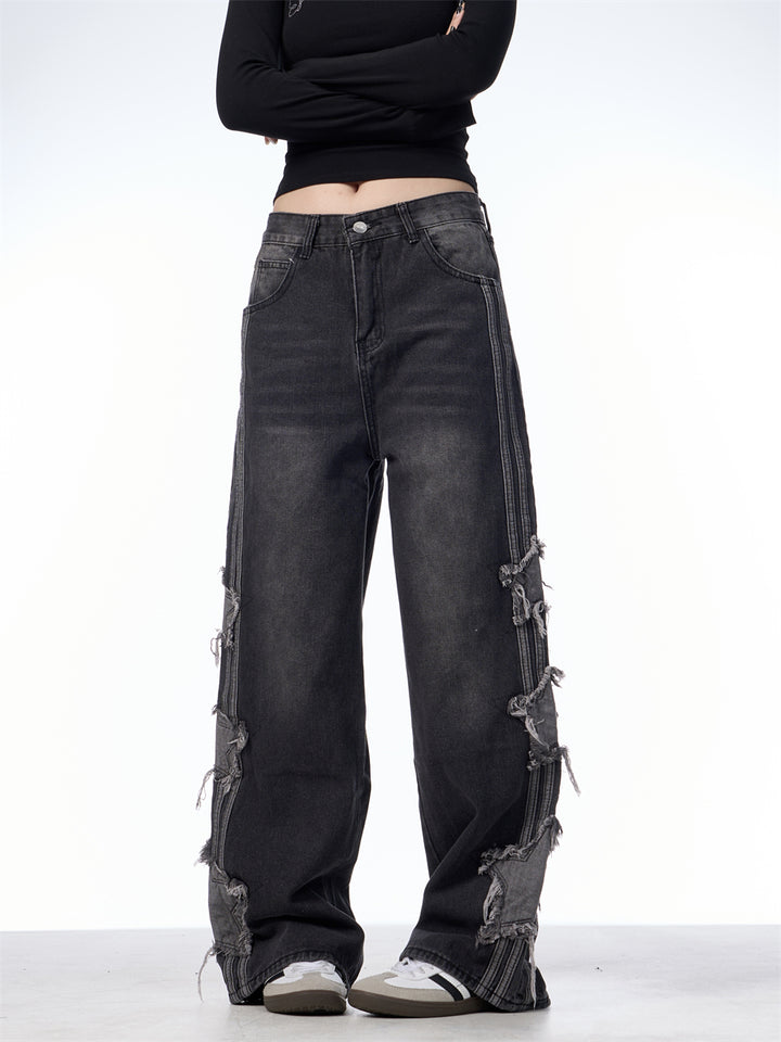 GKIKZ TRI-STAR DISTRESSED WIDE-LEG MOPPING JEANS