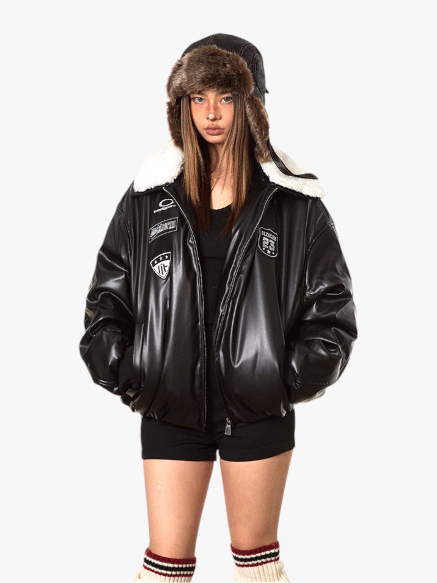 GKIKZ RETRO BASEBALL FUR COLLAR LEATHER JACKET