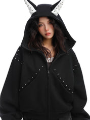 [25AW NEW ARRIVAL] GKIKZ STUDDED DEVIL HORN HOODIE - PREMIUM COTTON ZIP-UP